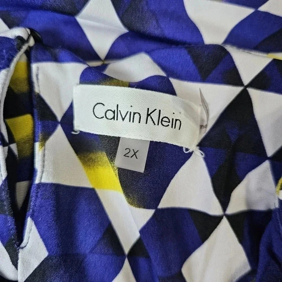 Calvin Klein 2X Blue White Sleeveless Geometric Artsy Career MOD Preppy Blouse - Picture 6 of 9